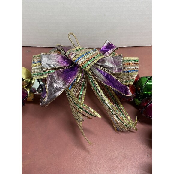 Vintage Christmas Jingle Bells Ribbons 13" Wreath Purple Gold Green Red & Silver - Picture 3 of 16